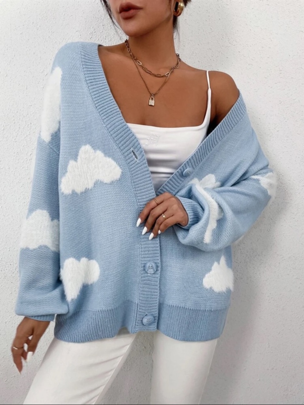 Cozy Cloud Pattern Light Blue Cardigan Sweater